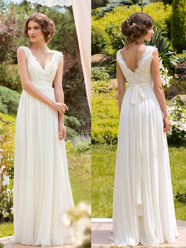 Simple Wedding Dresses V Neck Floor Length Chiffon Sexy Lace Bridal Go Anna Promdress 3280