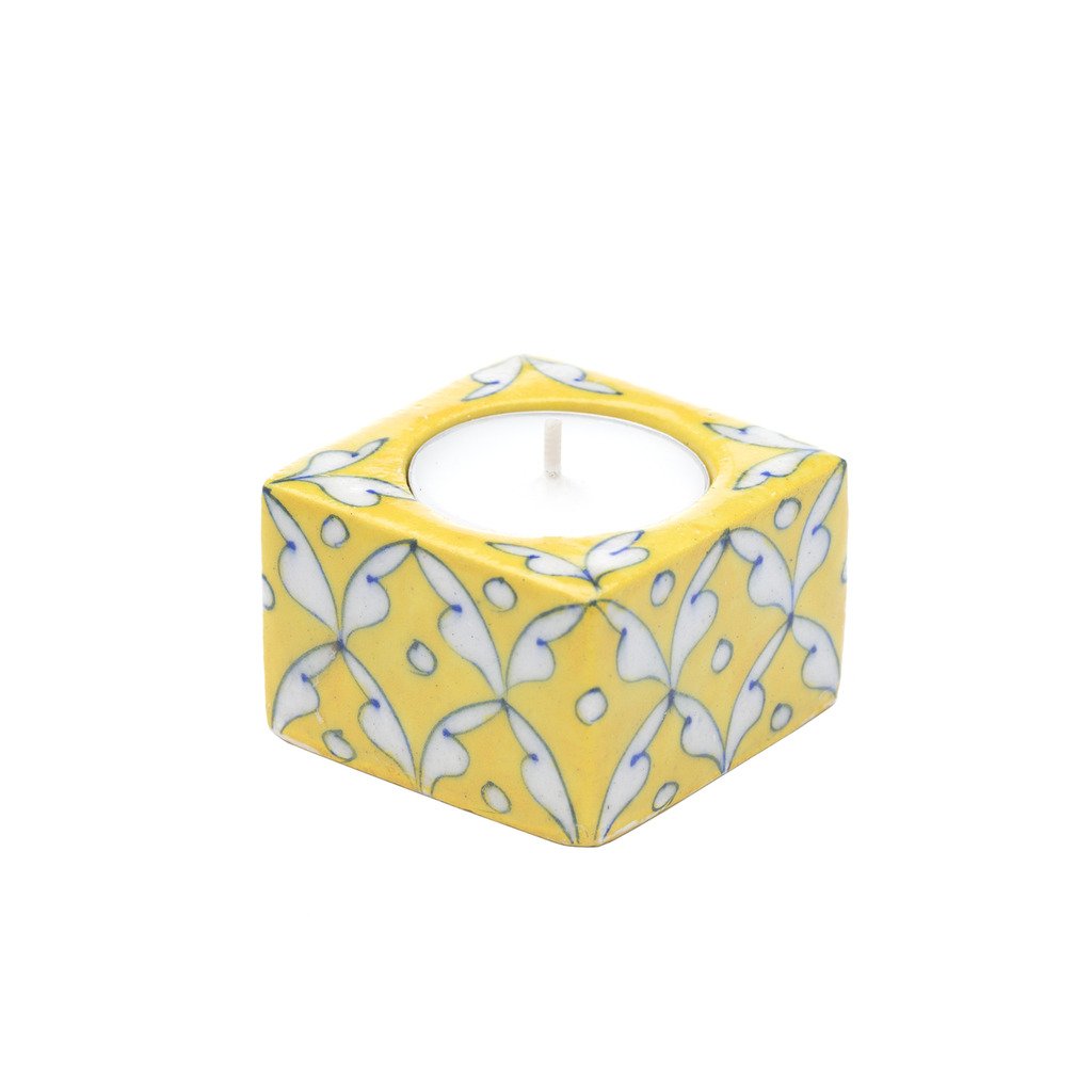 Blue Pottery Tea Light Holder Yellow Fair Trade-Home - Décor - Candleholders-MATR BOOMIE FAIR TRADE-Peccadilly