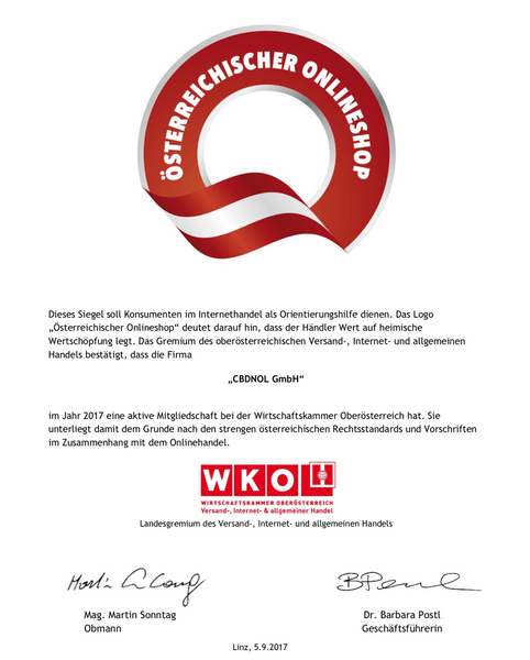 Urkunde WKO - CBDNOL GmbH