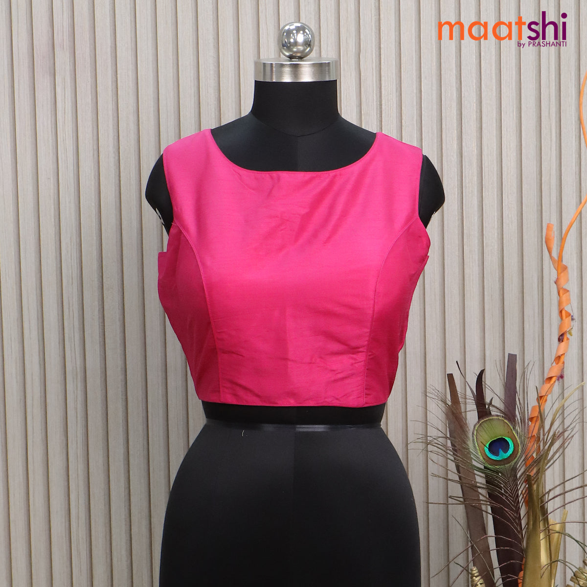 Readymade raw silk blouse pink with plain body and back open & sleeve  attached