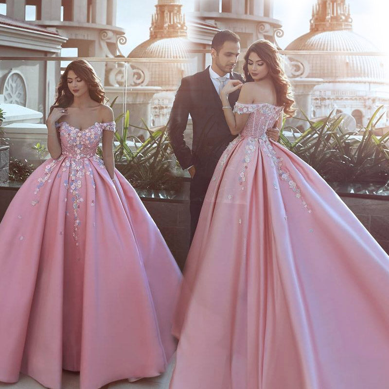 pink off shoulder ball gown