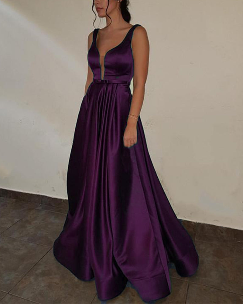 Purple Prom dress with Deep V Neck A Line Satin Formal Gown Long PL365