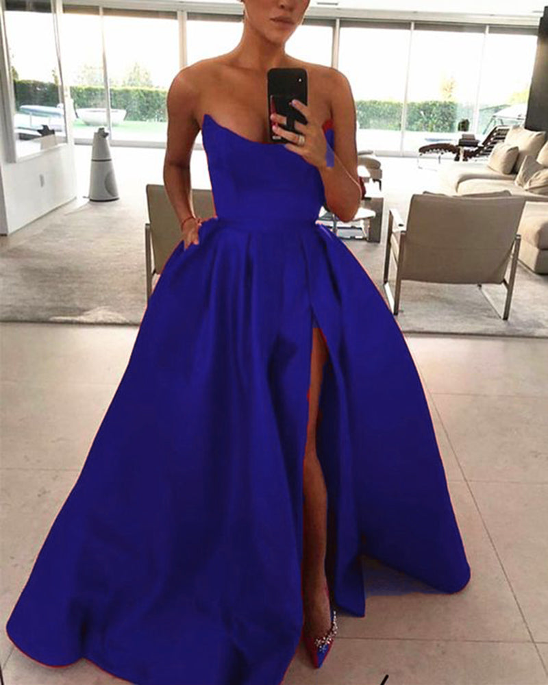 blue strapless prom dress