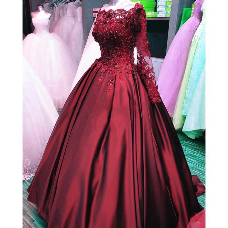 maroon ball gown with sleeves