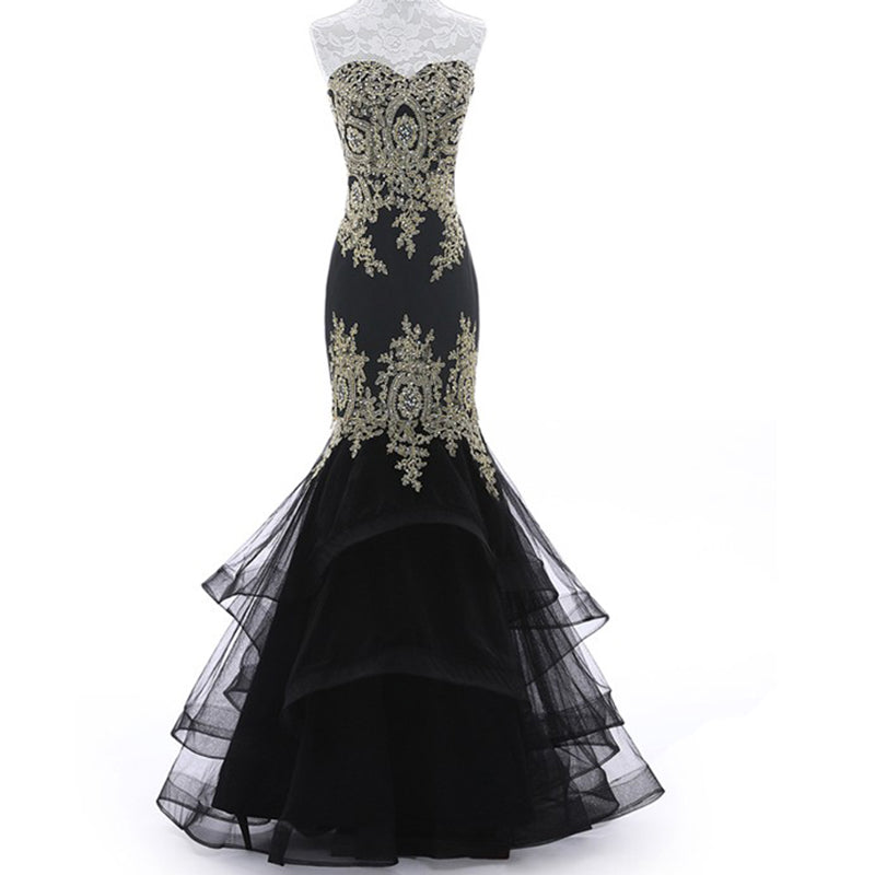 black and gold lace prom dress