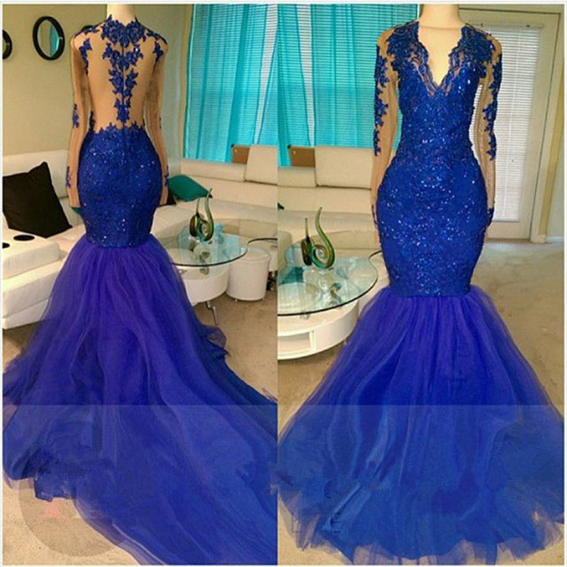 royal blue long sleeve evening gown