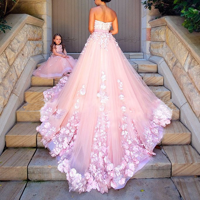 wedding dress pink flowers
