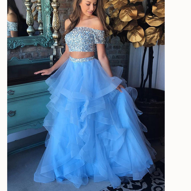 two piece baby blue prom dress