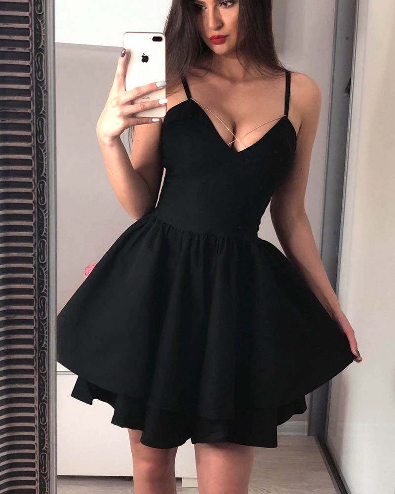 spaghetti strap short black dress
