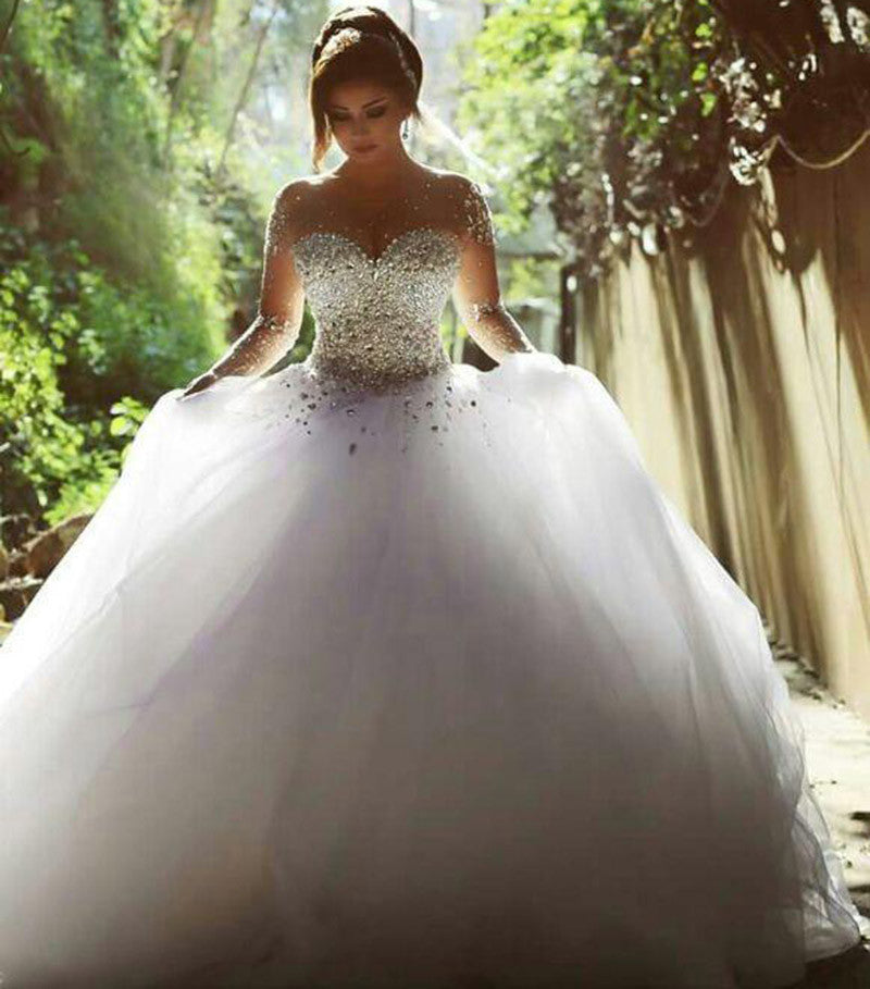 Romantic Bridal Gown Long Sleeves Illusion Crystal Pearl ...