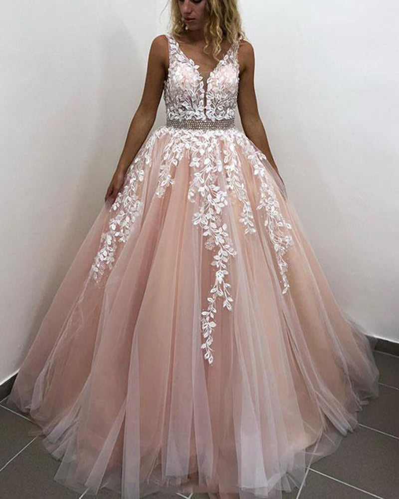 pink and white lace prom dress
