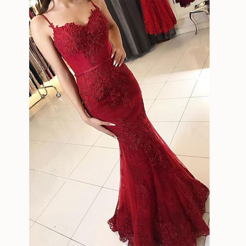 red fishtail prom dress