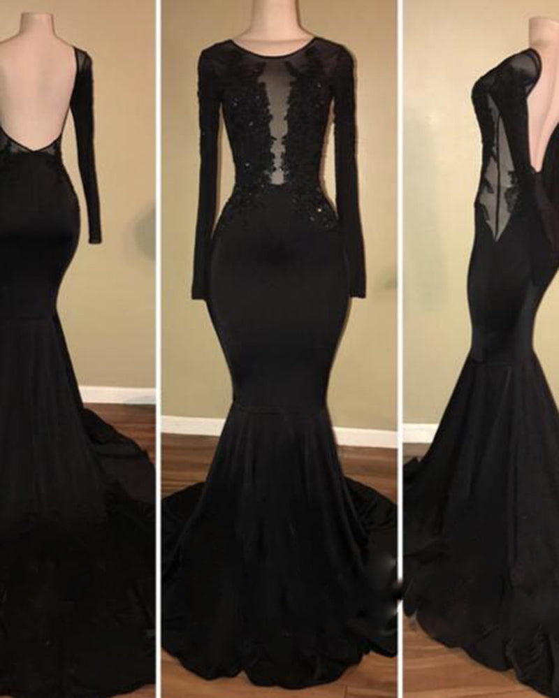 Long Sleeves Black Fitting Evening Gown 