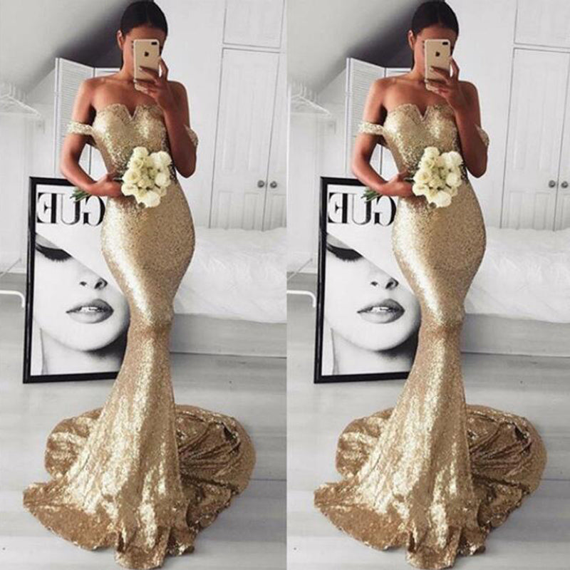 gold off the shoulder ball gown