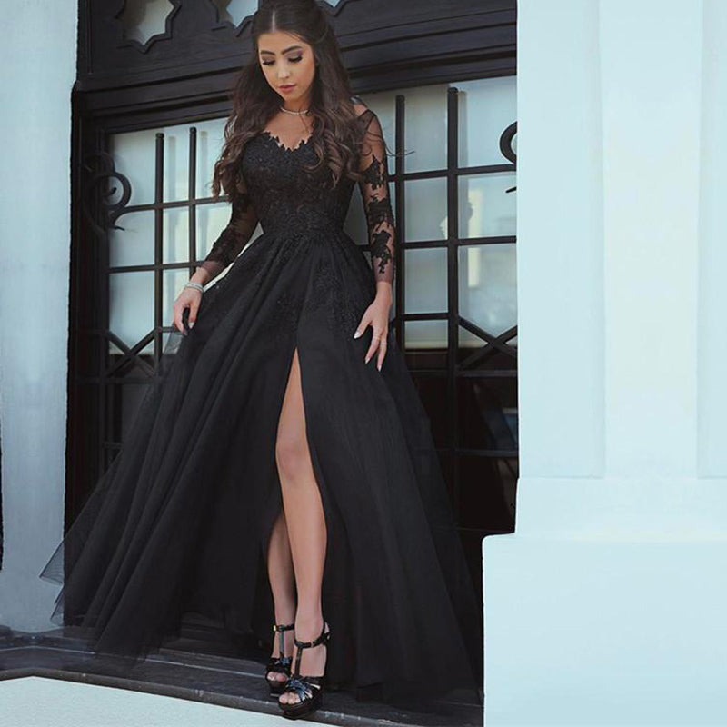 Stunning Black Lace Evening Dress Women 