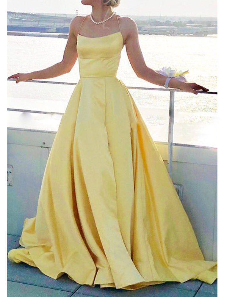 Elegant Yellow Satin Prom Gown Women 