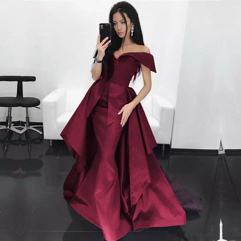 dark red off the shoulder dress