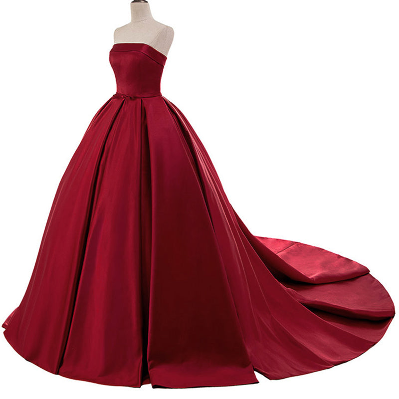 red strapless ball gown prom dress