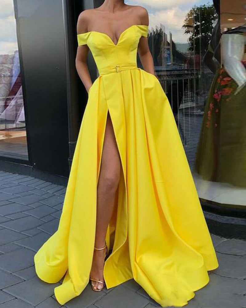 Elegant Bright Yellow Long Prom Dresses with high slit PL5210 Siaoryne