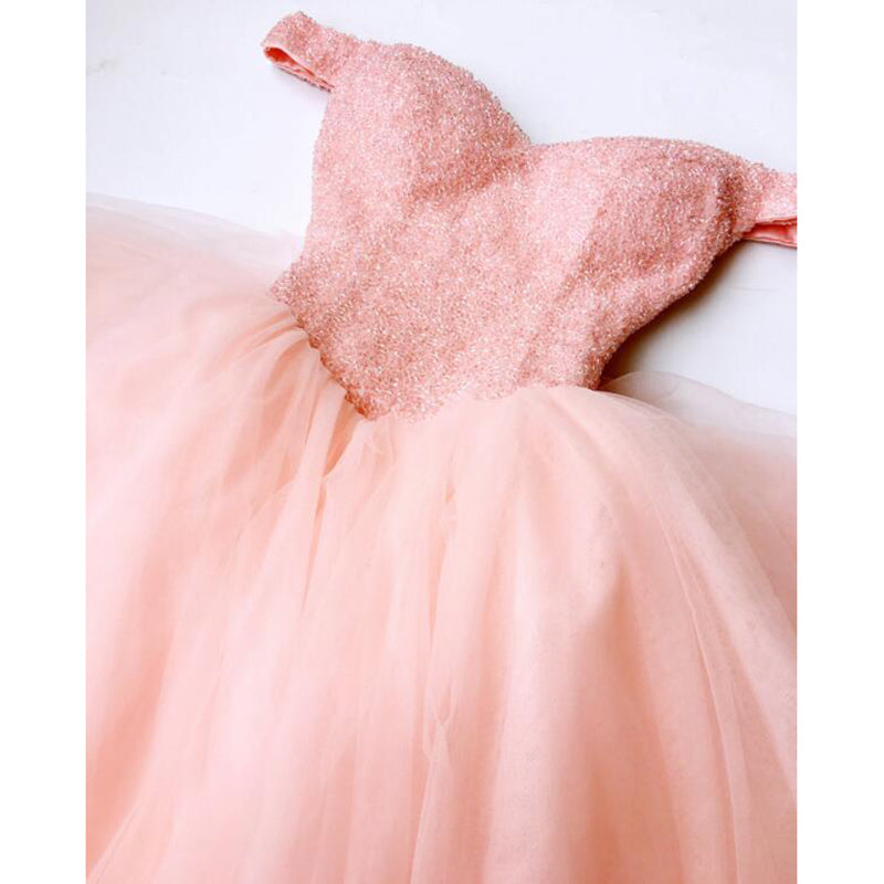 baby pink off the shoulder prom dress