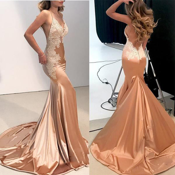 Rose Gold Satin Lace Evening Dress Long Party G