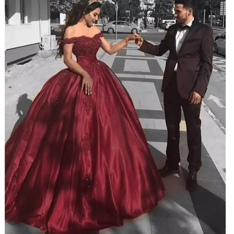 burgundy off the shoulder ball gown