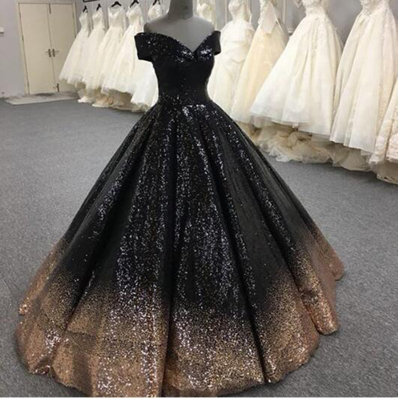 off the shoulder black ball gown
