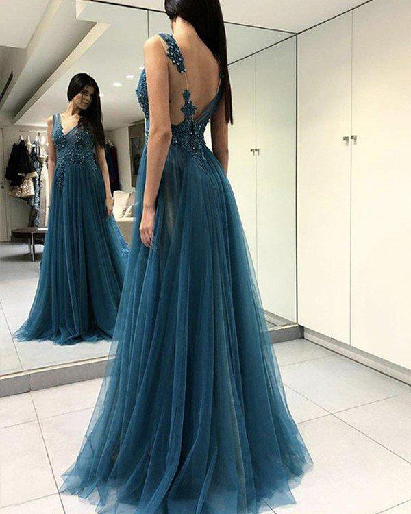 teal color evening gowns