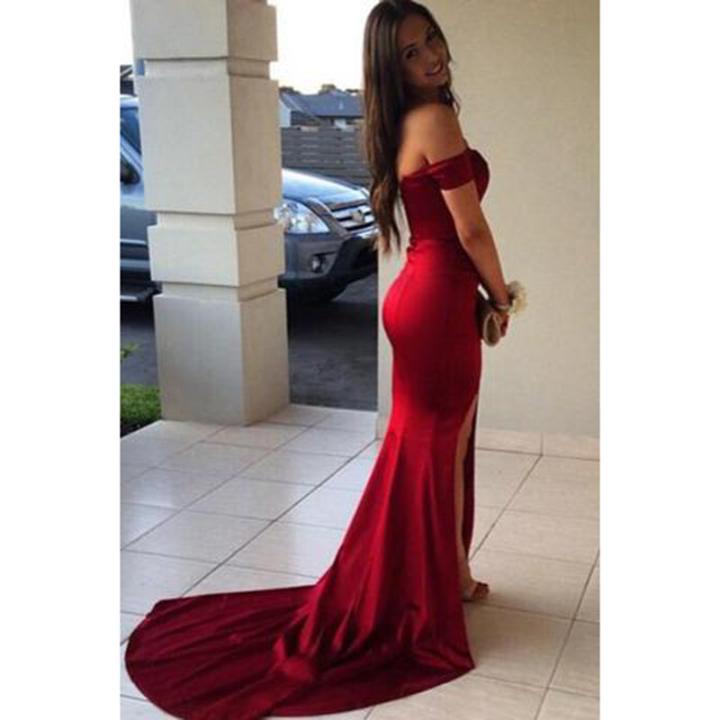 Off The Shoulder Burgundy Fitted Prom 