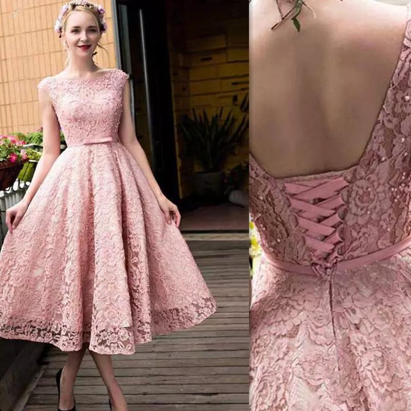 pink lace knee length dress