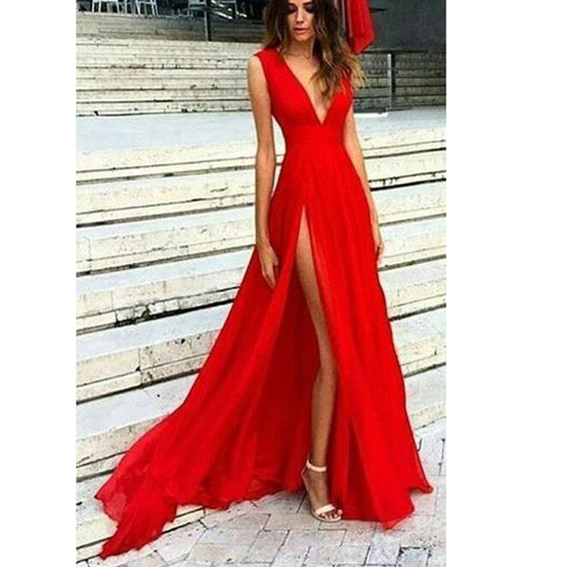 Red Flowing Chiffon Deep V Neck Sexy 