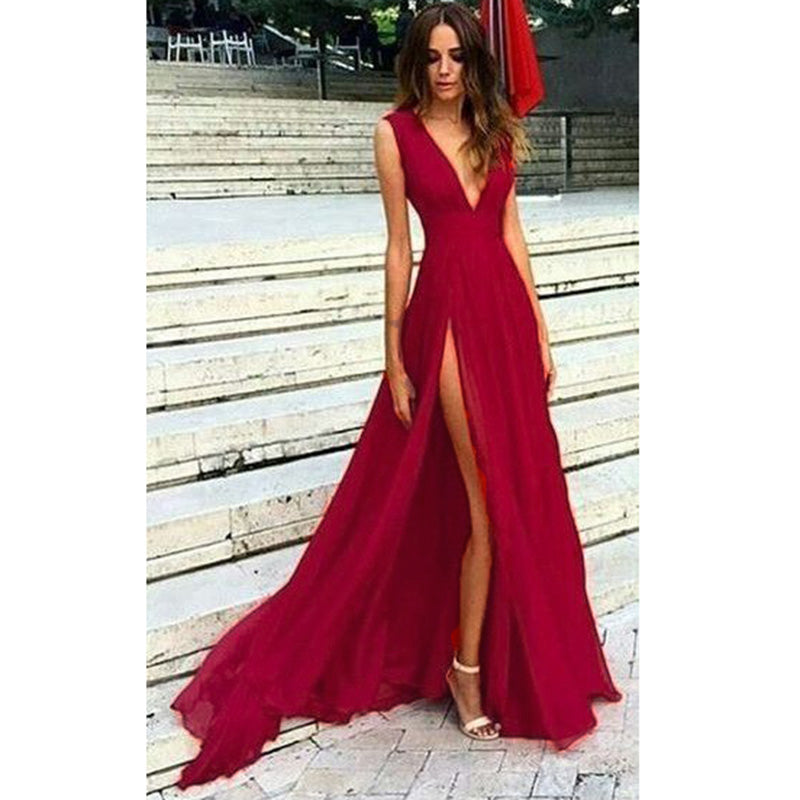 red v neck dress long