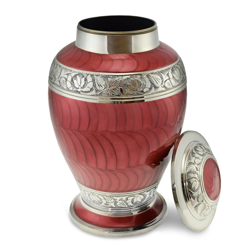 Adult brass cremation urn, classic, red, bands in nickel and silver