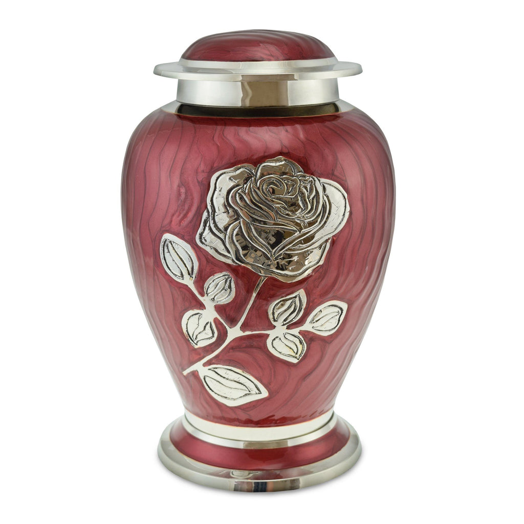 Adult brass cremation urn, classic form, red, brass rose and bands