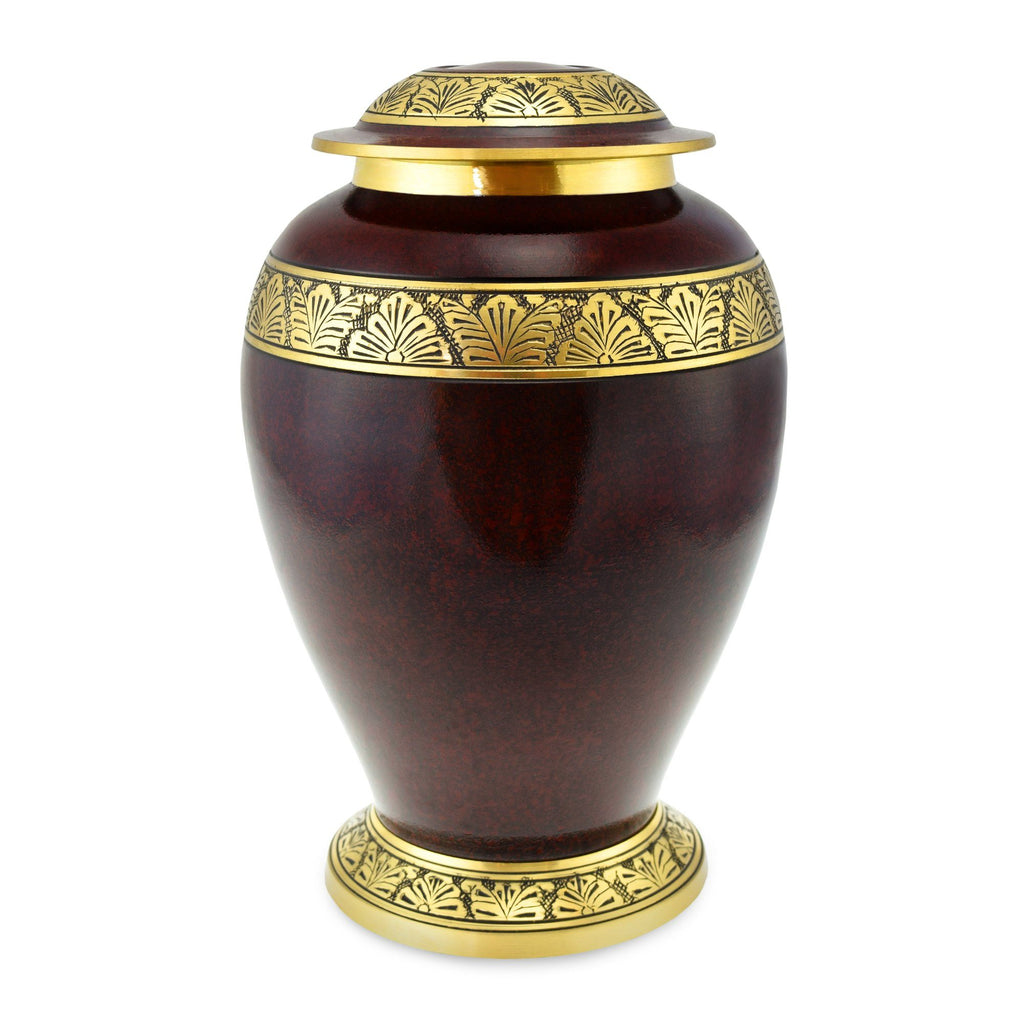 Adult's brass cremation urn in rich rust colour with decorative bands