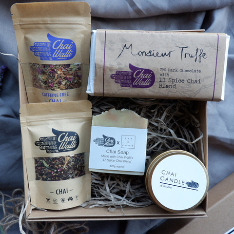 Ultimate Chai Treats Pack from Chai Walli. Chai Chocolate, soap, candle and loose leaf tea in a box