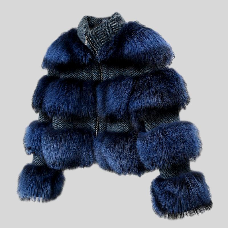 Natural Raccoon Fur Collar Woolen Coat