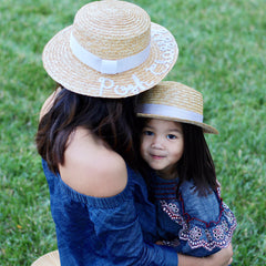 TwoBakedBuns straw boater hat white sequins personalized