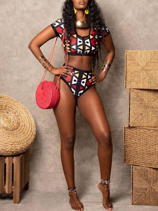 African Print Zip-Front Bikini