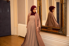 Aaliya Collections Nude Amara Maxi Dress Paired with Mauve open abaya