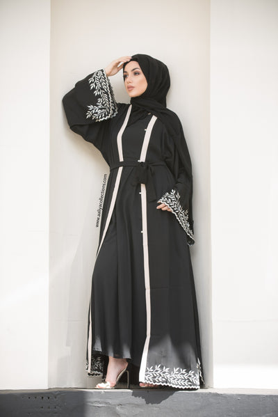 Aaliya Collections akila abaya in black with leaf embroidery on hem and sleeves