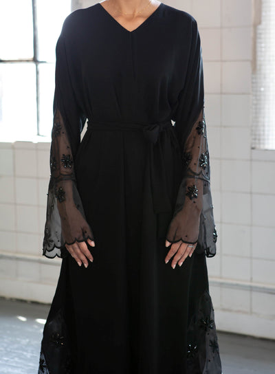 Aaliya Collections Net Embellished Abaya with net hemming 