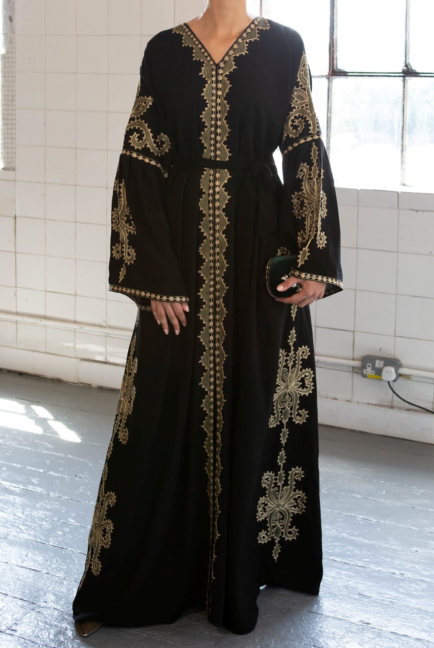 Aaliya Collections Sehrish Embroidered Abaya of rich linen fabrich with stunning green embroidery