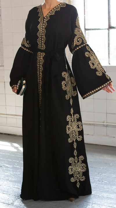 Aaliya Collections Sehrish Embroidered Abaya of rich linen fabrich with stunning green embroidery