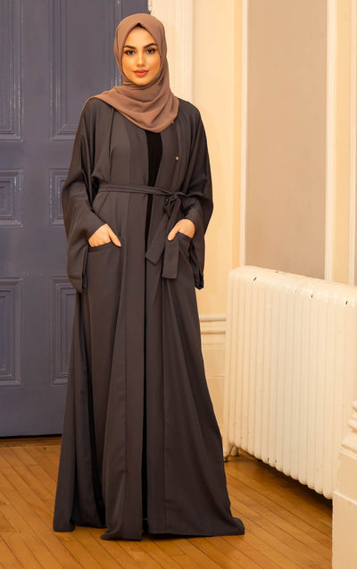 Aaliya Collections Plain Grey Pocket Open Abaya A Plain grey open abaya of high quality nidha fabric