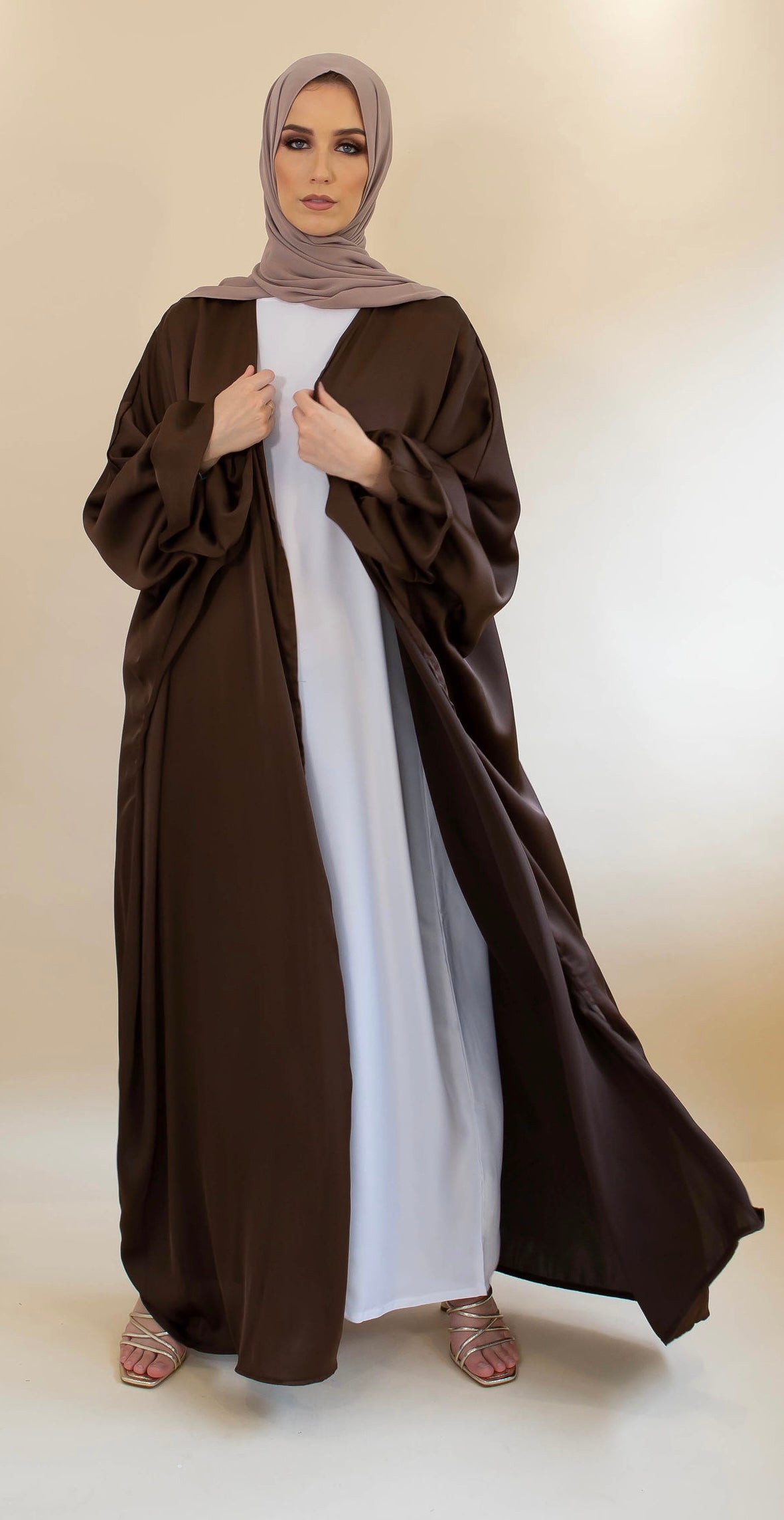 Aaliya Collections Satin Ruffle Sleeve Open Abaya - Coffee