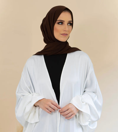 Aaliya Collections Satin Ruffle Sleeve Open Abaya - White