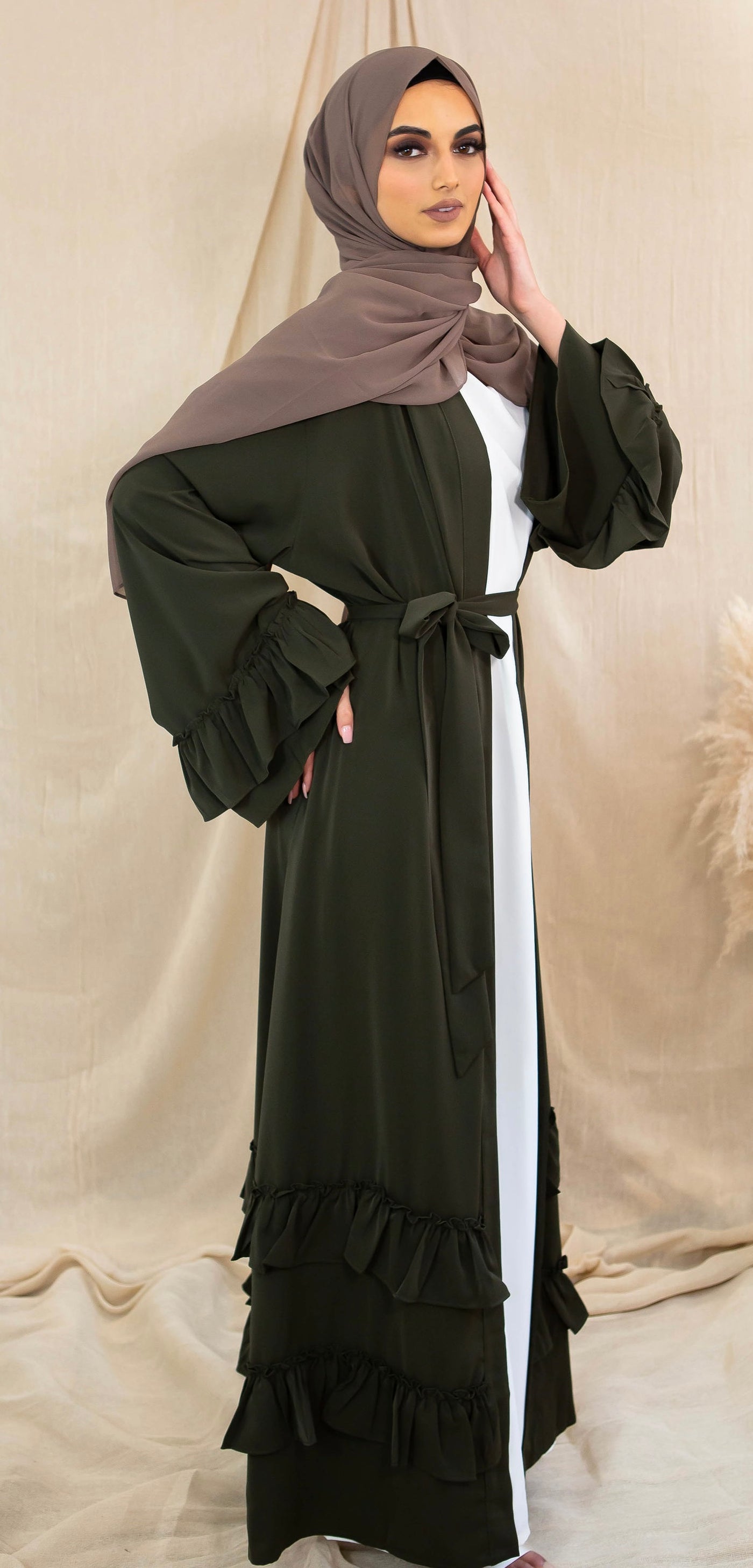 AALIYA COLLECTIONS Frill Open Abaya - Khaki