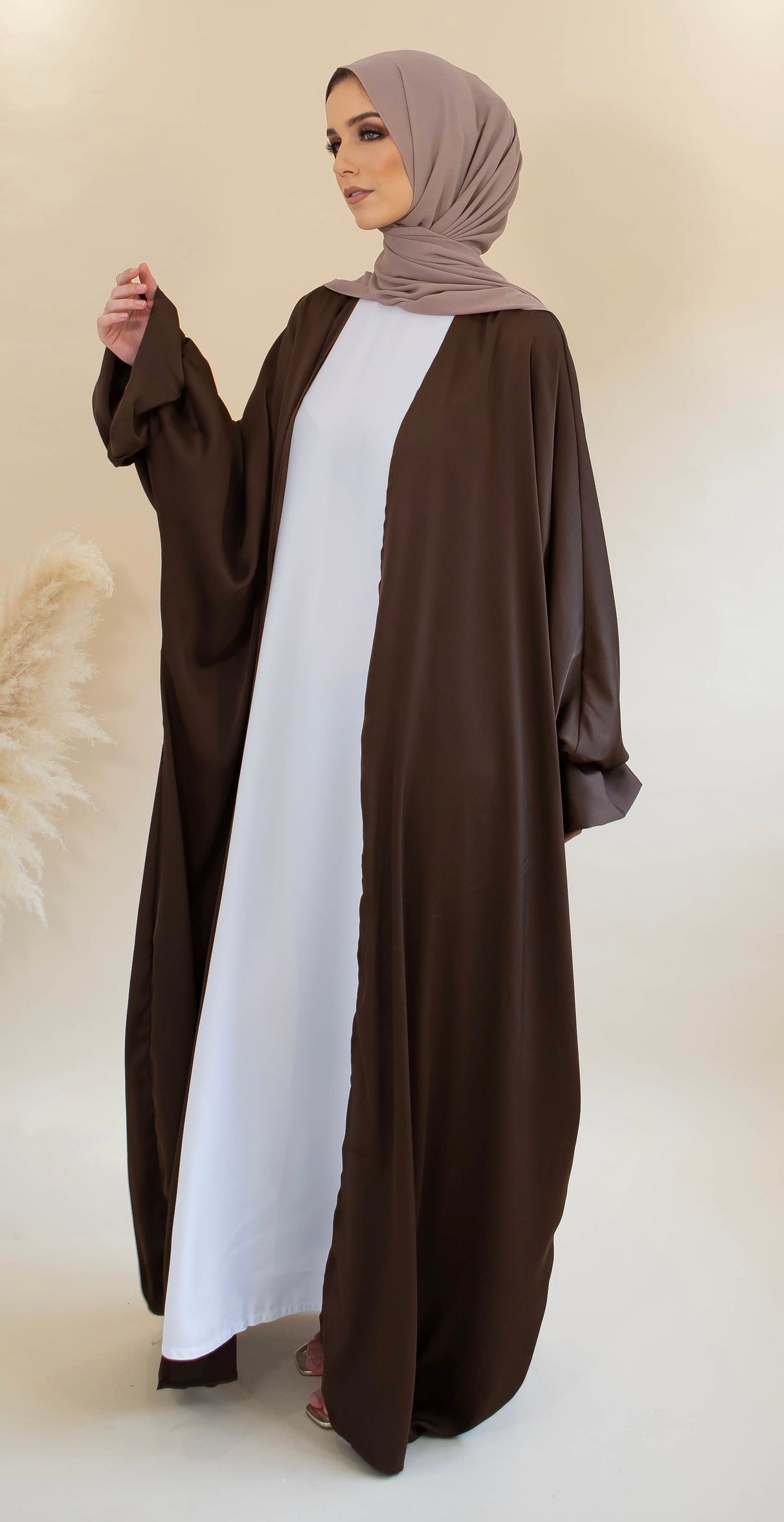 Aaliya Collections Satin Ruffle Sleeve Open Abaya - Coffee