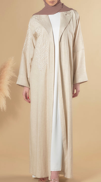 linen abaya with leaf embroidery